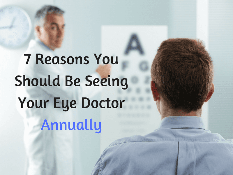 A man looking at an eye chart with the words 7 reasons you should be seeing your eye doctor annually